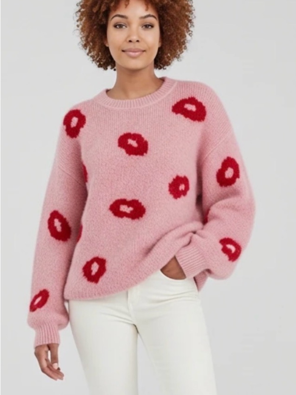 Cozy Pink Knit Eyelash Sweater with Red Lip Motif Grace & Karma Womens 1X 26”